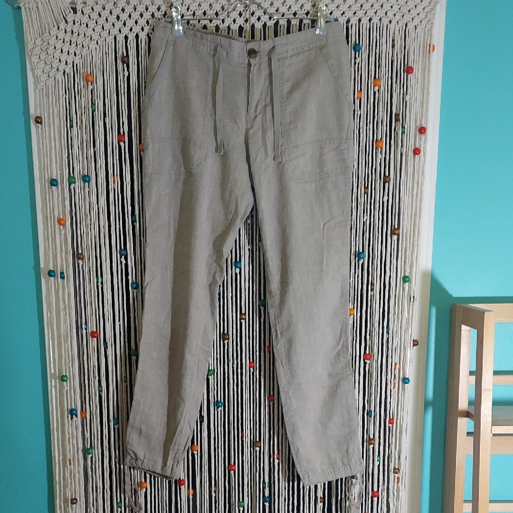 Light Taupe Linen-Blend Drawstring Pants - Women's